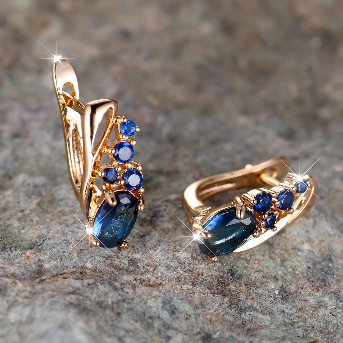 Champagne Gold Oval Crystal Earrings with Four Small Round Diamonds