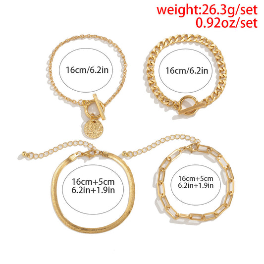 Punk Metal Chain 4-Piece Bracelet Set — Geometric Snake Bone Cuffs