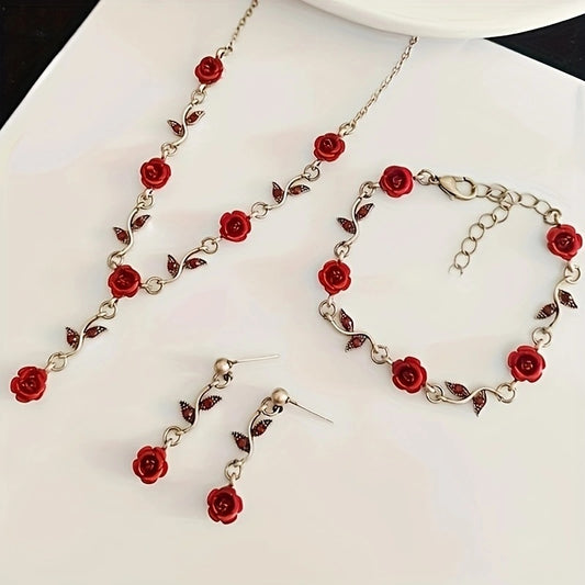 Romantic Red Rose Jewelry Set — Necklace, Bracelet & Earrings