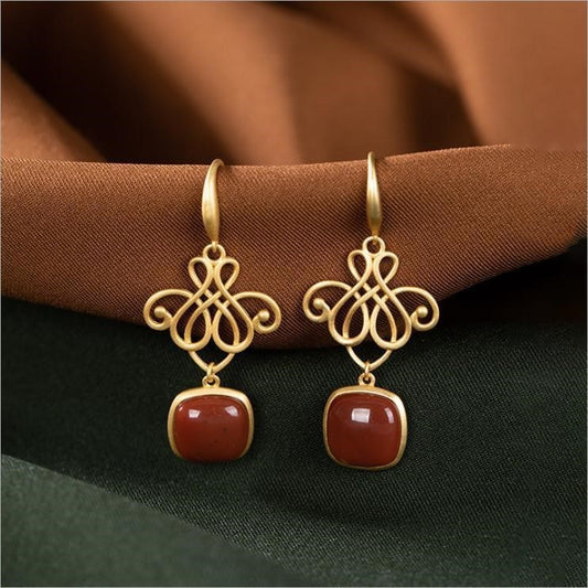 S925 Silver Red Square Lucky Knot Earrings for Women