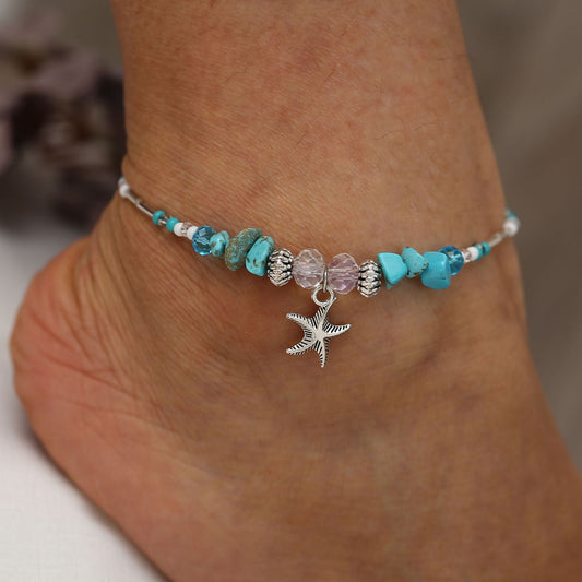 Starfish Pendant Anklet with Hand-Woven Rice Beads – White K Finish