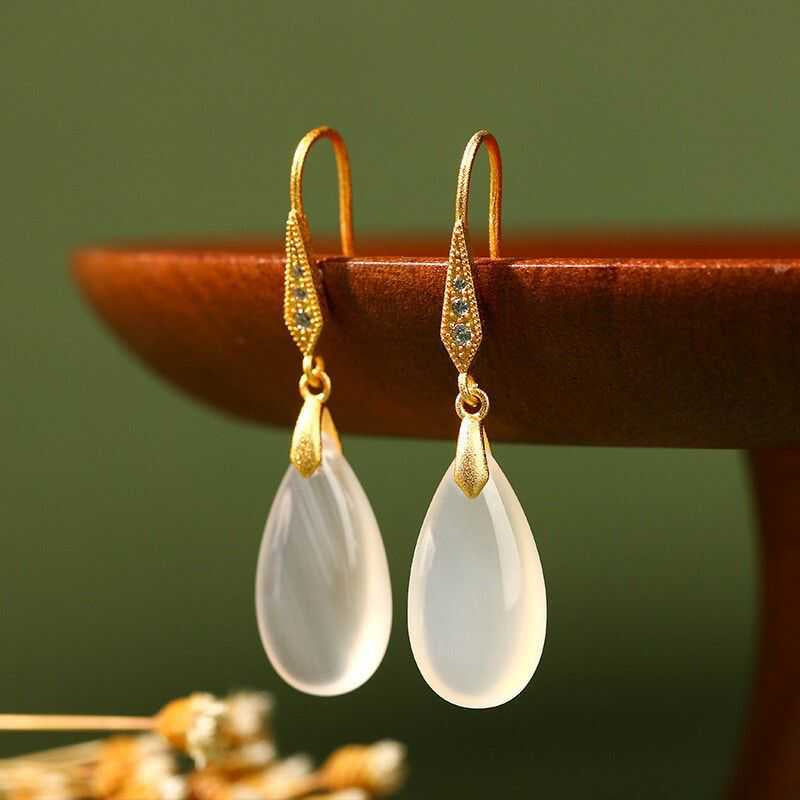 Simple White Jade Teardrop Earrings