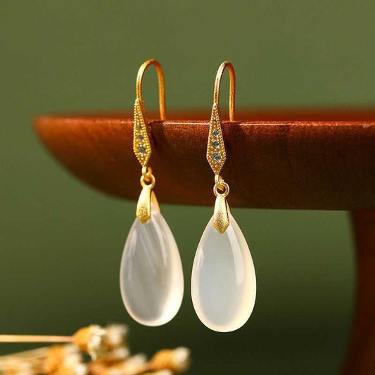 Simple White Jade Teardrop Earrings