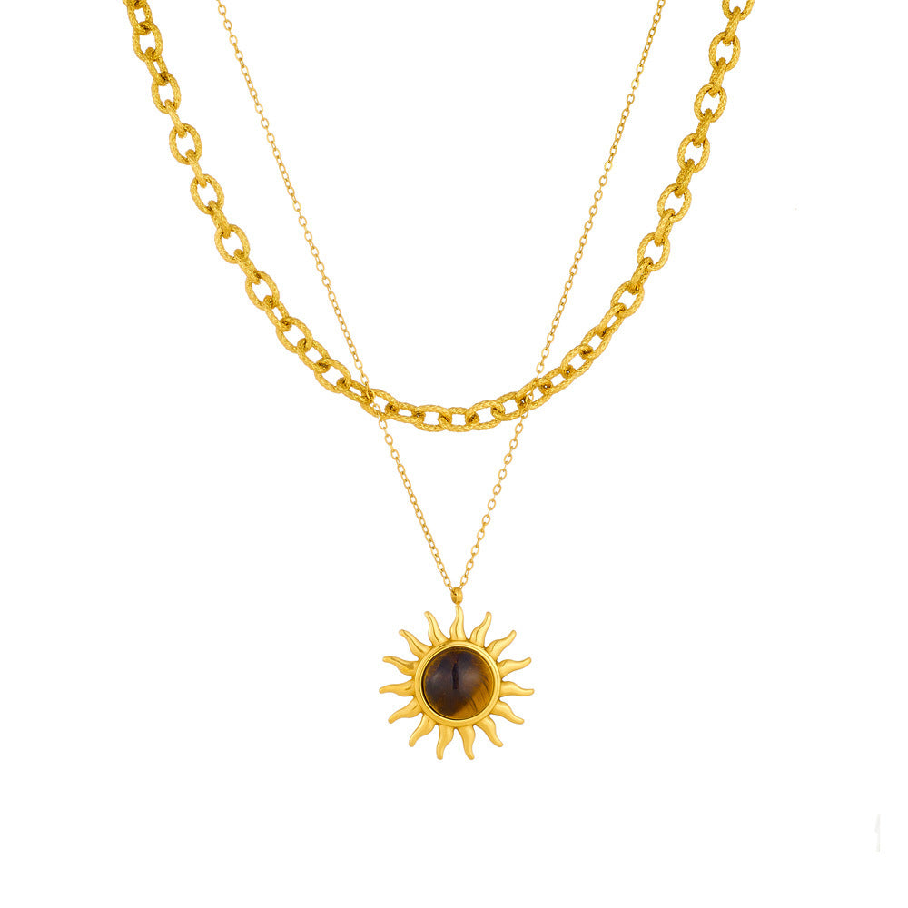 Retro Tiger-eye Sun Pendant Double-Layer Stainless Steel Necklace